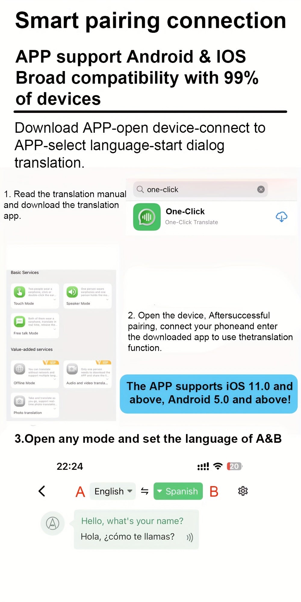 Appareil de traduction portable, traduction vocale instantanée bidirectionnelle en 137 langues, connecté à une application, traducteur haute précision pour les voyages, les affaires et l'apprentissage avec écouteurs