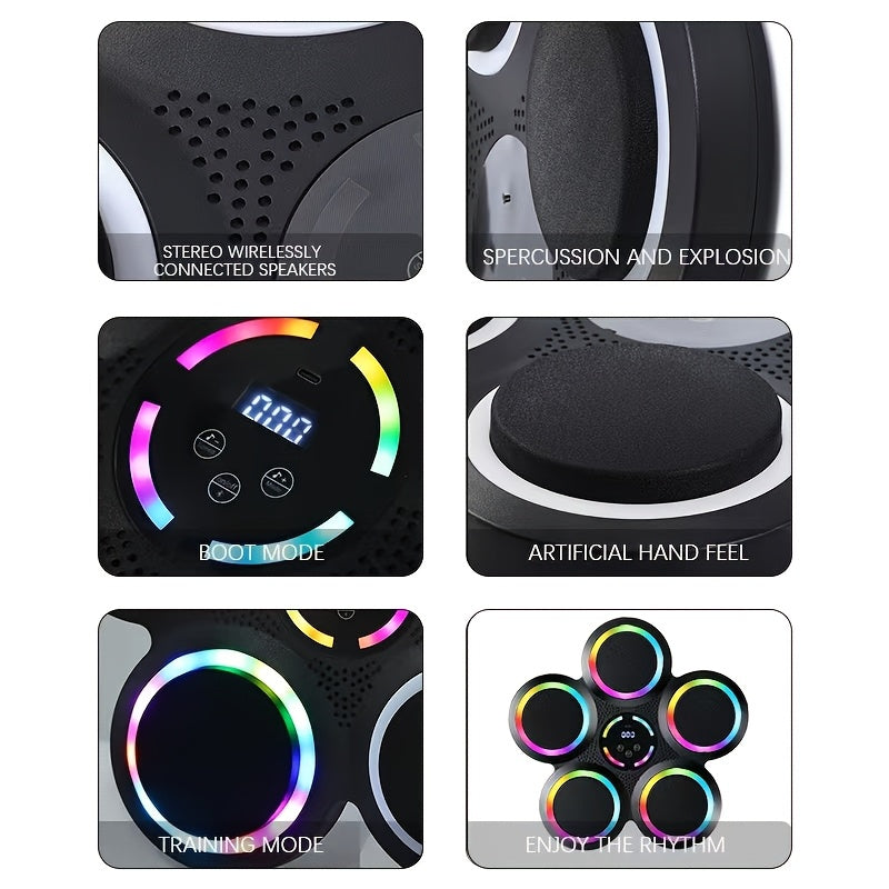 Machine de boxe musicale intelligente avec gants – Montage mural, éclairage rythmique LED, Bluetooth, 9 modes de vitesse, compteur de coups LED intelligent, cadeau de fitness pour salle de sport à domicile pour adultes et adolescents