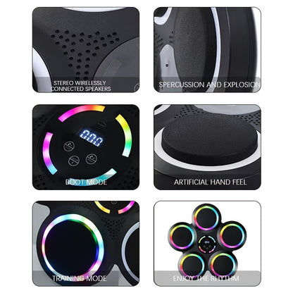 Machine de boxe musicale intelligente avec gants – Montage mural, éclairage rythmique LED, Bluetooth, 9 modes de vitesse, compteur de coups LED intelligent, cadeau de fitness pour salle de sport à domicile pour adultes et adolescents