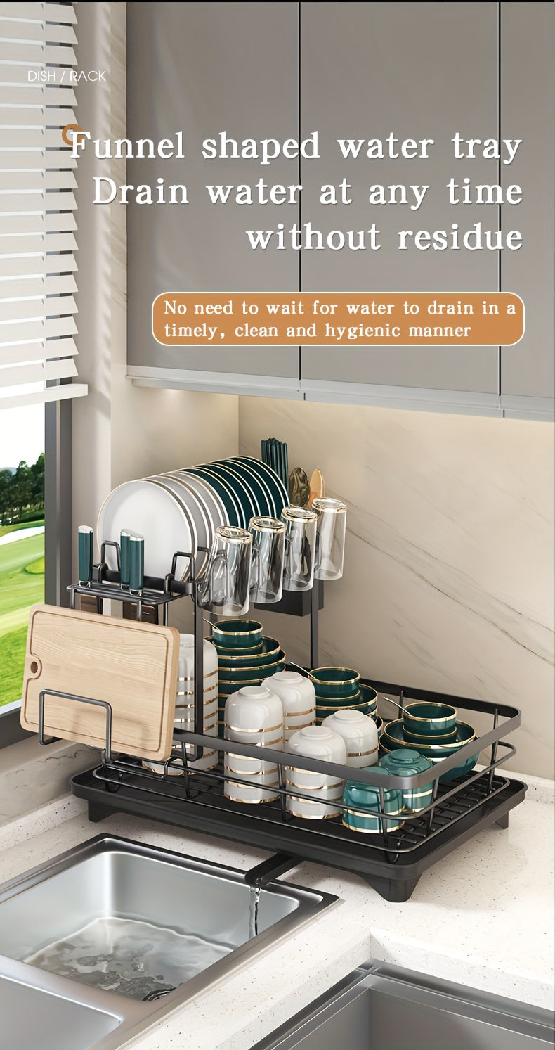 Égouttoir à vaisselle en métal à 2 niveaux avec porte-couverts, porte-gobelets et plateau d'égouttage antirouille – Égouttoir compact pour plan de travail de cuisine, égouttoir en acier durable pour tous types de surfaces