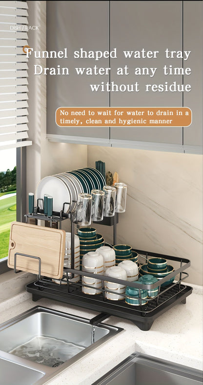 Égouttoir à vaisselle en métal à 2 niveaux avec porte-couverts, porte-gobelets et plateau d'égouttage antirouille – Égouttoir compact pour plan de travail de cuisine, égouttoir en acier durable pour tous types de surfaces