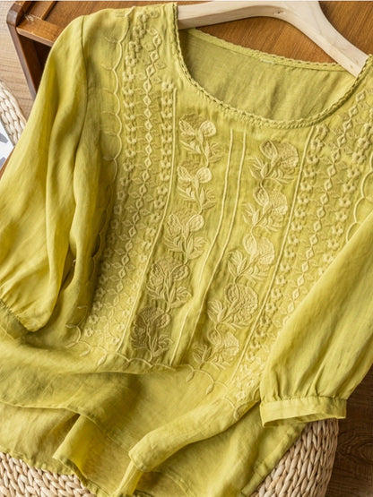 T-shirt décontracté pour femme à fleurs brodées, manches courtes, col rond, coton doux, 4 couleurs blanc vert jaune kaki, S-XXL