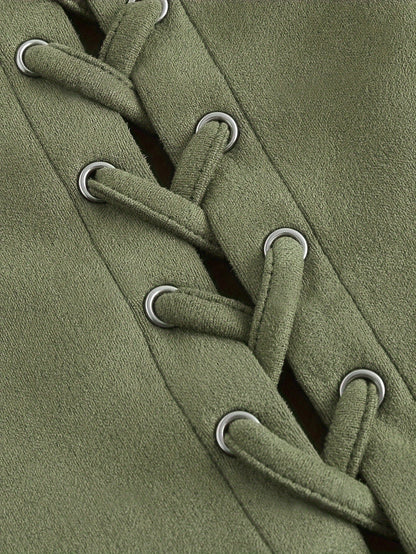 Gilet vintage à lacets avec cordon de serrage pour femme, haut tissé élégant, chemisier sans manches, printemps, été, automne, vert kaki, S M L XL