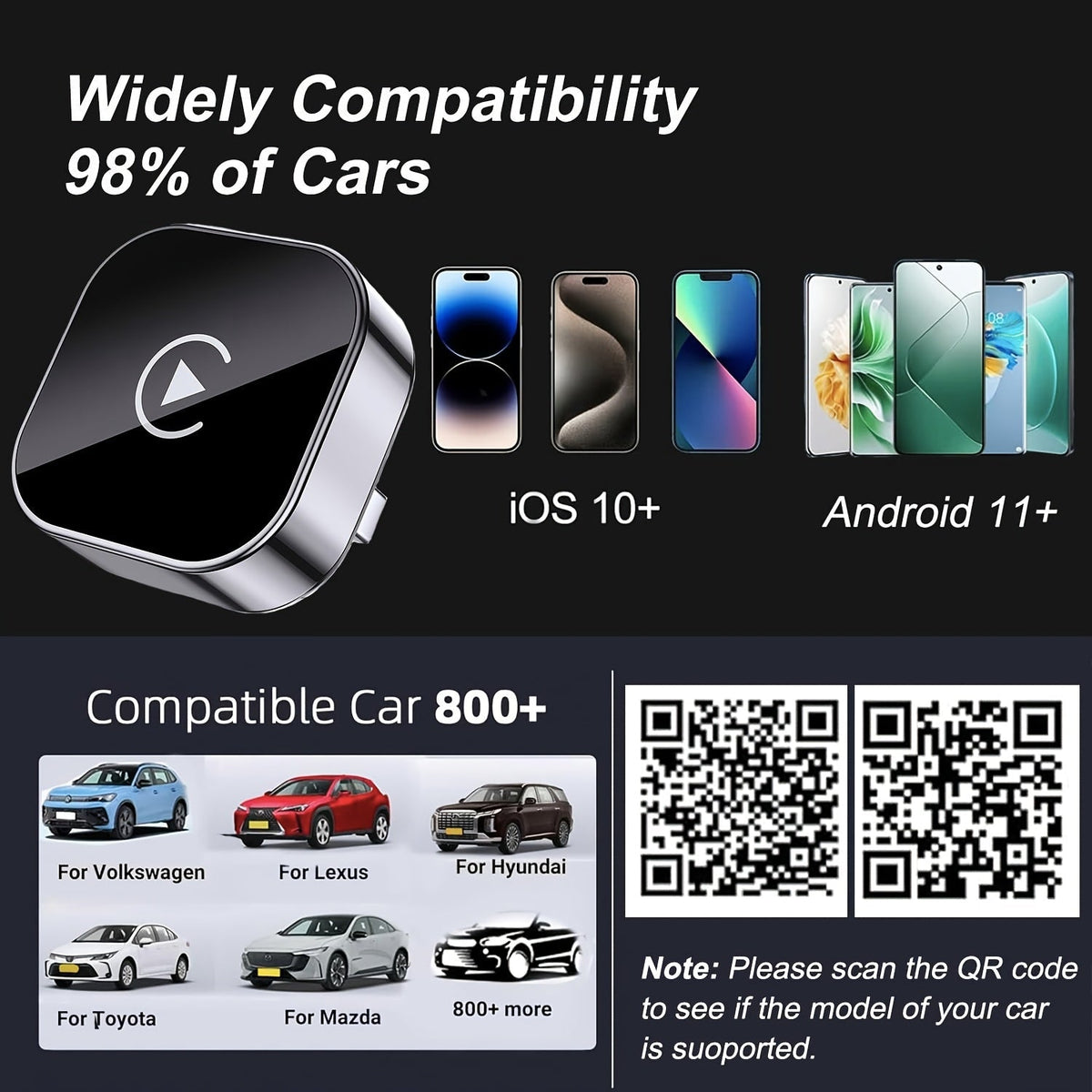 Adaptateur CarPlay sans fil, mini dongle version améliorée 2026 – 2-en-1 pour iPhone et Android Auto, conversion de filaire à sans fil, USB-A et USB-C, double bande à faible latence, connexion automatique, certifié FCC