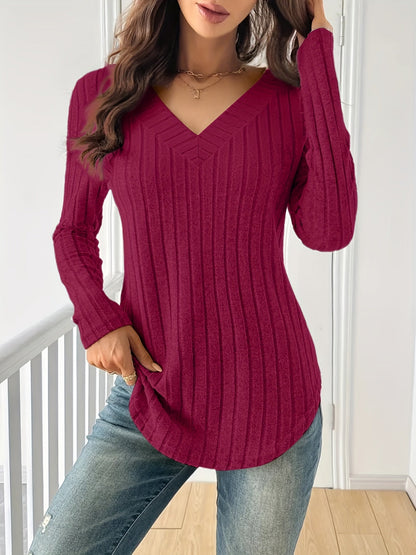 T-shirt à manches longues et col en V pour femme – Haut décontracté en maille côtelée extensible et douce pour le printemps, l'automne et l'hiver | Multicolore S-XXL