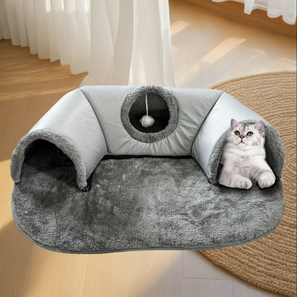 Lit tunnel 3-en-1 pour chat avec tapis de jeu et nid douillet – Grotte pliable pour chat avec fond antidérapant pour chats de petite à moyenne taille, lapins et hamsters, cachette d'intérieur pour animaux
