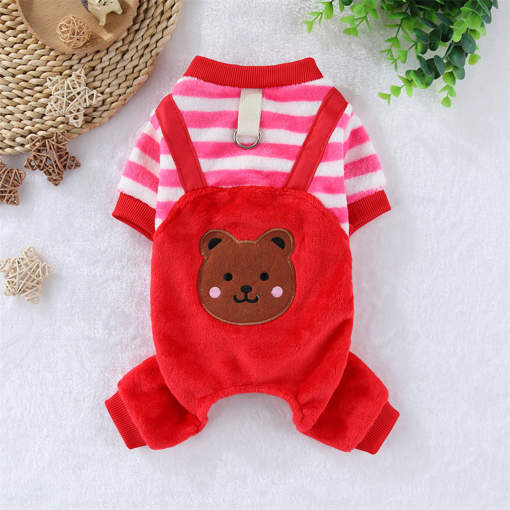 Salopette polaire d'hiver pour petits chiens et chats – Combinaison rayée brodée avec motif ours, vêtements chauds pour animaux avec ouverture pour laisse, tenue confortable pour chiots et chatons pour les promenades en extérieur
