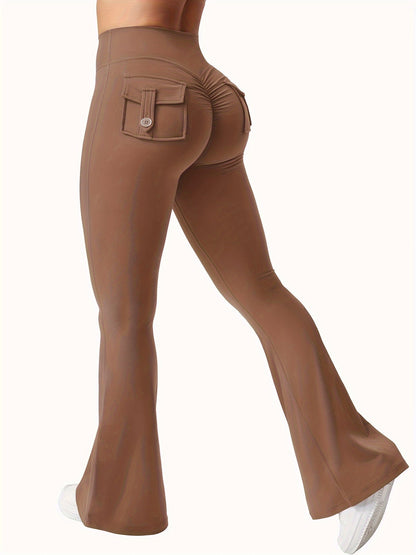 Ensemble 3 pièces pour femme : pantalon de yoga évasé à taille haute avec ceinture et poches, legging galbant effet push-up, squat-proof, 90 % polyester extensible, coupe évasée pour le sport, la gym, la course et le quotidien