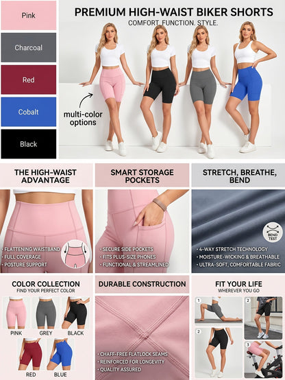 Lot de 5 shorts de cyclisme taille haute pour femme avec poches – Shorts de sport pour yoga, gym et running, tissu polyester extensible, tailles M à XXL, ensemble aux couleurs variées pour femmes actives