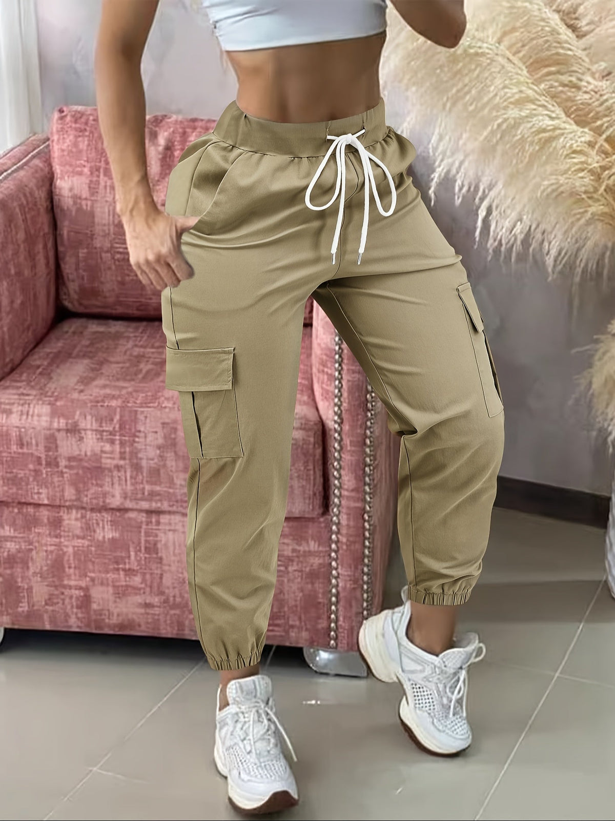 Pantalon cargo femme, taille cordon de serrage, poches multiples, ourlet effiloché, confort toute saison, coupe décontractée, tenue décontractée - Noir Kaki Olive Gris Marine Gris foncé S M L XL XXL Tissu extensible tissé