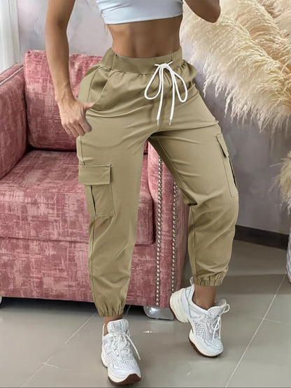 Pantalon cargo femme, taille cordon de serrage, poches multiples, ourlet effiloché, confort toute saison, coupe décontractée, tenue décontractée - Noir Kaki Olive Gris Marine Gris foncé S M L XL XXL Tissu extensible tissé