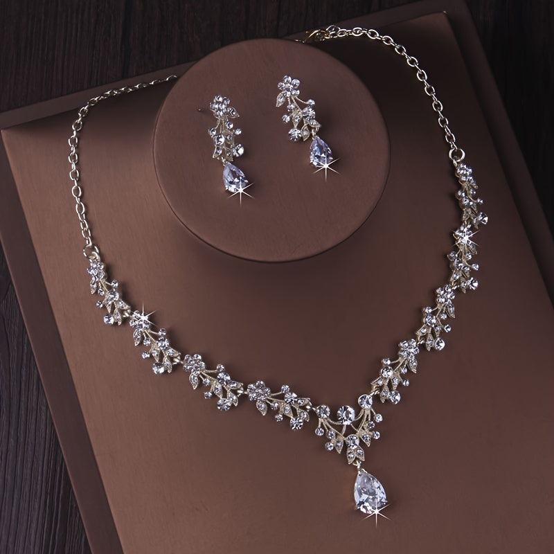 Parure collier et boucles d'oreilles strass pour mariée – Alliage de zinc plaqué argent et or avec incrustation de verre, bijoux de mariage élégants pour mariées, demoiselles d'honneur, banquets et soirées habillées
