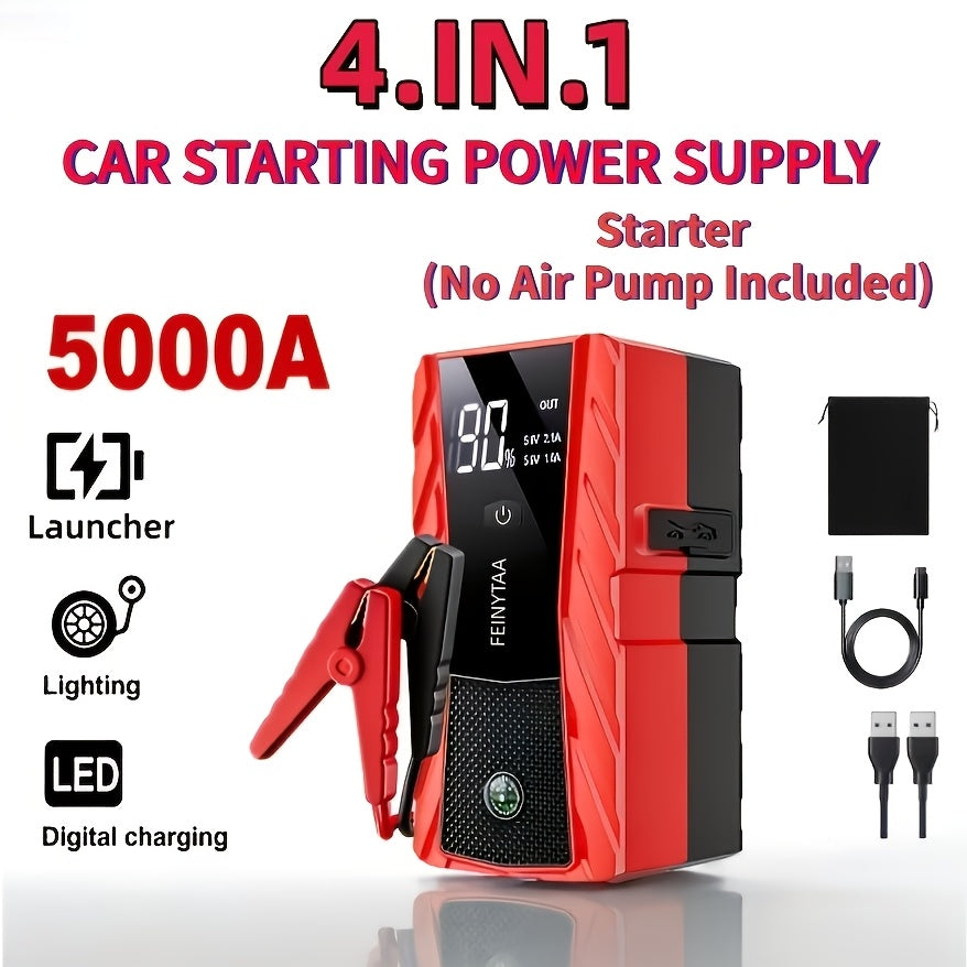 Démarreur avec gonfleur de pneus numérique 5000A/10000A en pic, booster de batterie multifonction pour voiture avec pinces intelligentes, lampe torche LED et batterie externe, kit d'urgence pour voiture, camping-car et moto