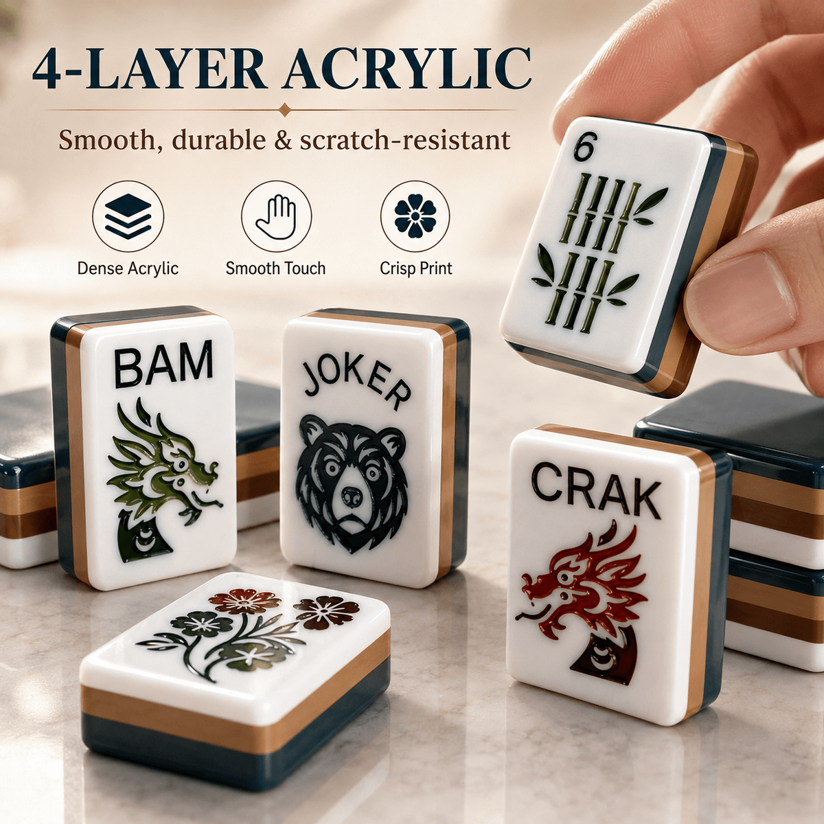 Jeu de Mah-jong américain 160 tuiles avec 4 dés - Tuiles en acrylique thème ours noir, design 4 couches, jeu de plateau facile à lire pour réunions de famille et fêtes | Cadeau de vacances amusant pour adultes