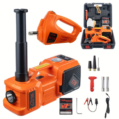 Cric hydraulique électrique de 5 tonnes avec pompe à air intégrée - Élévateur de voiture portable pour le remplacement des pneus de SUV, monospaces et camions, et entretien en garage, clé à chocs électrique en option, outil d'urgence routière
