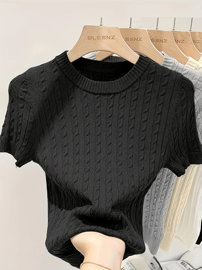 Pull femme en jacquard à manches courtes, chic, tricot torsadé, col rond, ourlet et poignets côtelés, léger, viscose, printemps-été, décontracté, S M L XL XXL