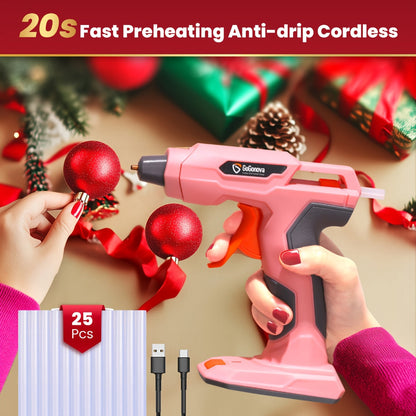 Pistolet à colle chaude sans fil rechargeable par USB avec 25 bâtons de colle – Chauffe rapide en 20 secondes, conception anti-goutte sécurisée pour loisirs créatifs, réparations domestiques, réparation de peluches et projets manuels – Rose, gris, bleu