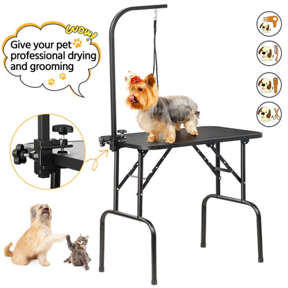 Table de toilettage pliable pour chiens et chats , bras réglable en hauteur avec surface antidérapante et imperméable et pieds pliants, station de beauté pour animaux portable pour la maison et les professionnels