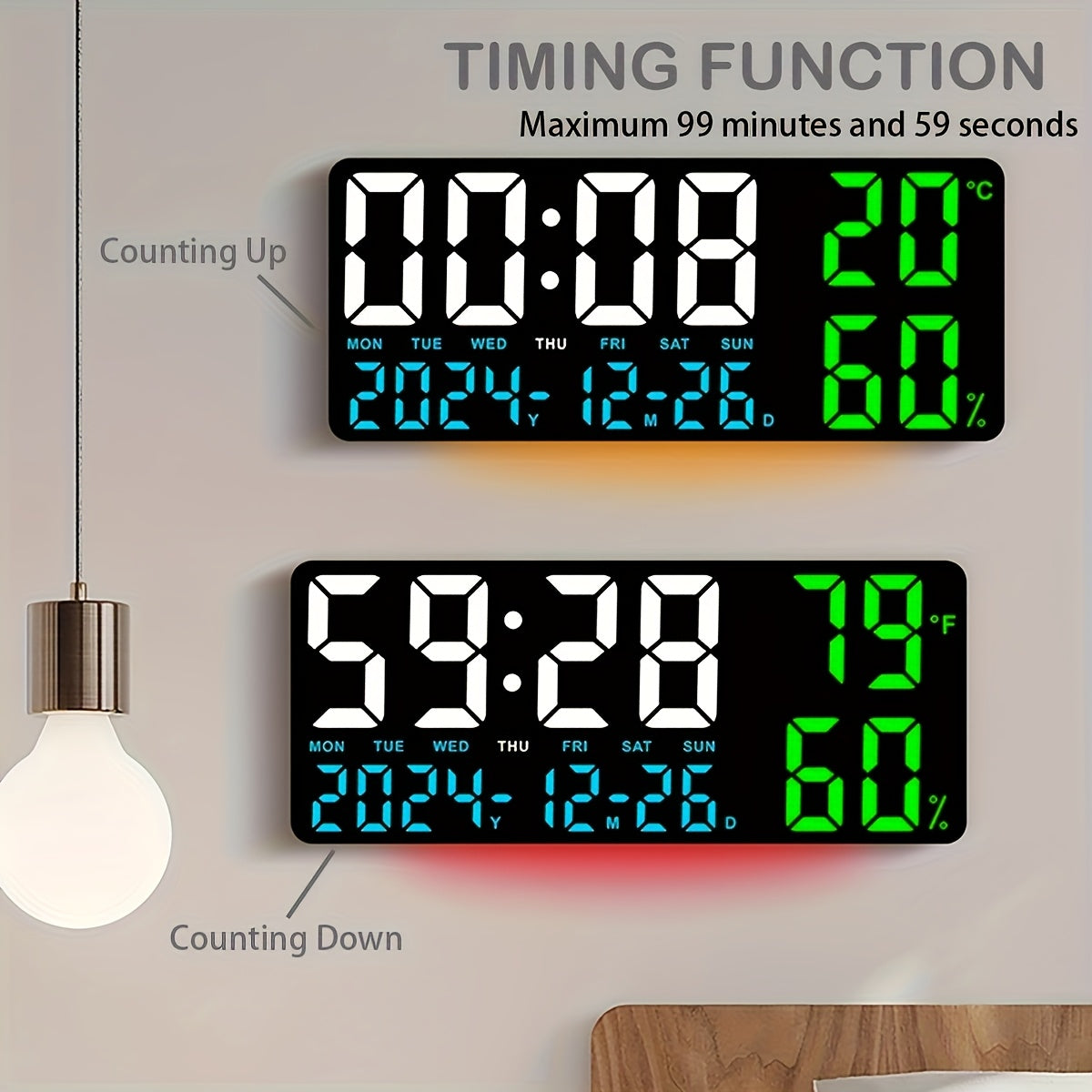 Réveil LED à grand écran avec télécommande à atténuation automatique – Horloge numérique de 15 pouces affichant l'heure, la date, le jour de la semaine, la température et l'humidité – Horloge de chevet pour seniors, salon, bureau