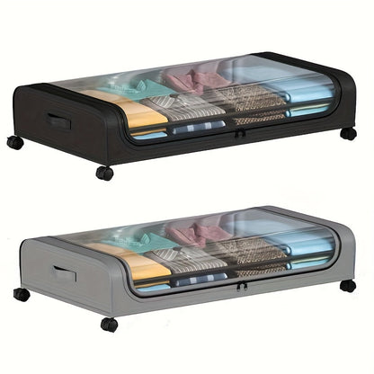 Lot de 2 rangements sous lit en métal avec roulettes et couvercle, bacs de rangement roulants pour vêtements, literie, chaussures, couvertures et livres, noir et gris