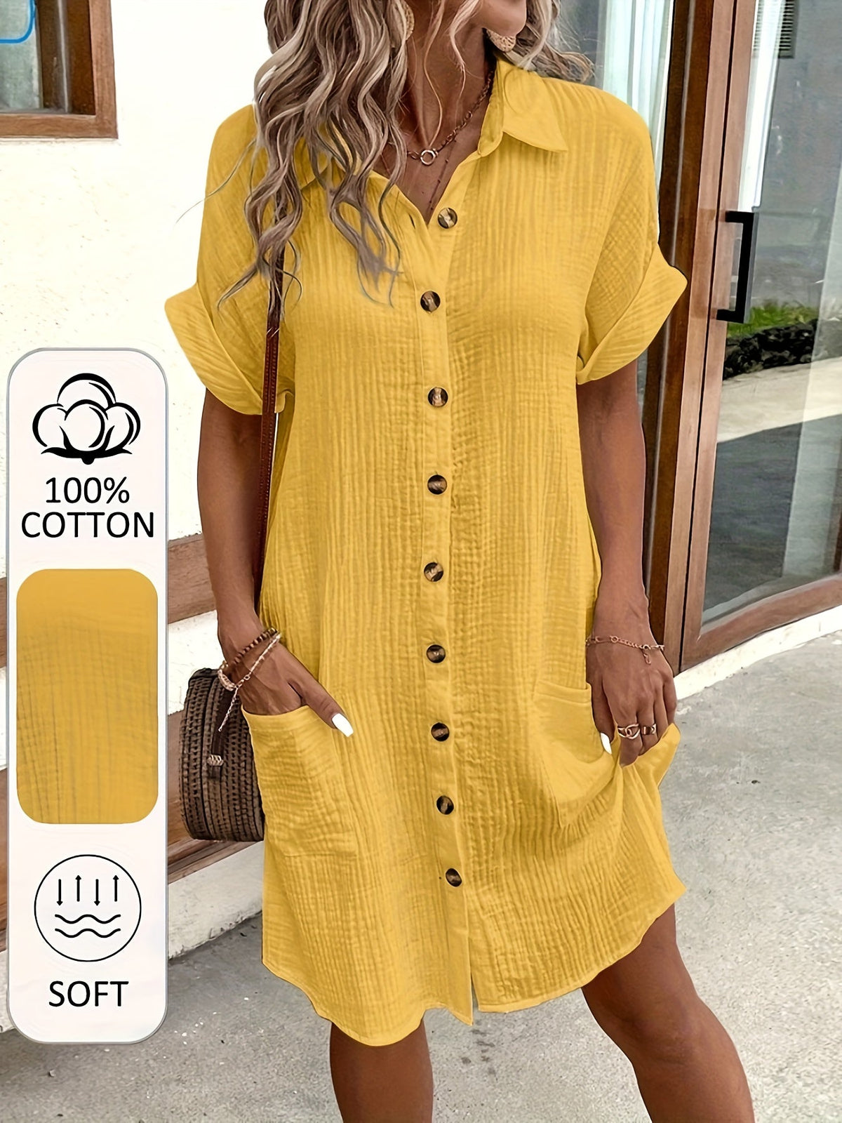 Robe chemise trapèze à manches courtes et col en V pour femme – Robe chemisier décontractée à semi-formelle, douce, respirante et boutonnée à l'avant, 5 coloris, tailles inclusives du S au XXL