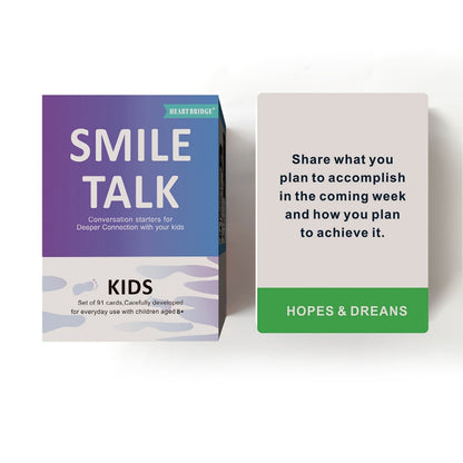 Jeu de cartes de conversation parent-enfant Smile Talk - 91 cartes avec 90 amorces de conversation significatives pour stimuler la pensée créative et les liens familiaux, activité amusante pour une soirée en famille, cadeau d'anniversaire et de vacances