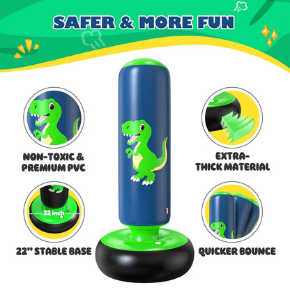 Dinosaur Inflatable Punching Bag 48 Inch for Kids – Stable Bop Bag Boxing Set with Gloves for Karate, Taekwondo & Active Play, Fun Dinosaur Toy Gift for Boys & Girls, Blue & Red