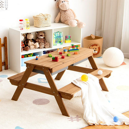 Table de pique-nique 3-en-1 pour enfants COSTWAY avec parasol réglable – Table d'activités en bois pour sable et eau, plateau amovible, capacité de 50 kg, ensemble de jeu intérieur et extérieur pour jardin et cour, naturel