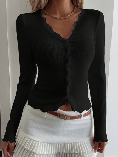 Women's Lace Ruffle Trim Slim-Fit Cardigan Long Sleeve Button-Up Top Lace Patchwork Elegant Blouse White Black XS S M L XL Casual Office Spring