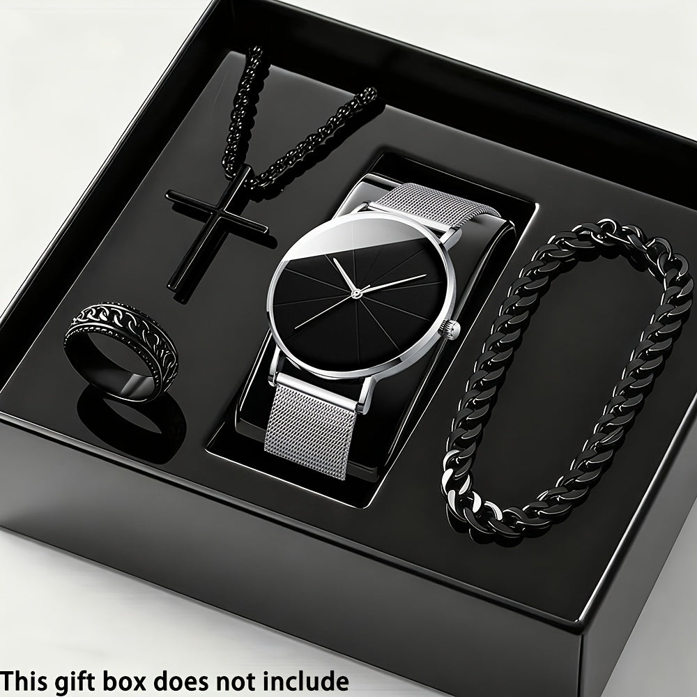 Coffret cadeau montre à quartz et bracelet pour homme, 4 pièces - Montre élégante à boîtier en alliage et cadran rond, style sport, décontracté et professionnel, avec bracelet assorti pour le quotidien, les anniversaires et les fêtes.