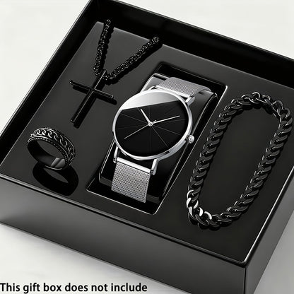 Coffret cadeau montre à quartz et bracelet pour homme, 4 pièces - Montre élégante à boîtier en alliage et cadran rond, style sport, décontracté et professionnel, avec bracelet assorti pour le quotidien, les anniversaires et les fêtes.