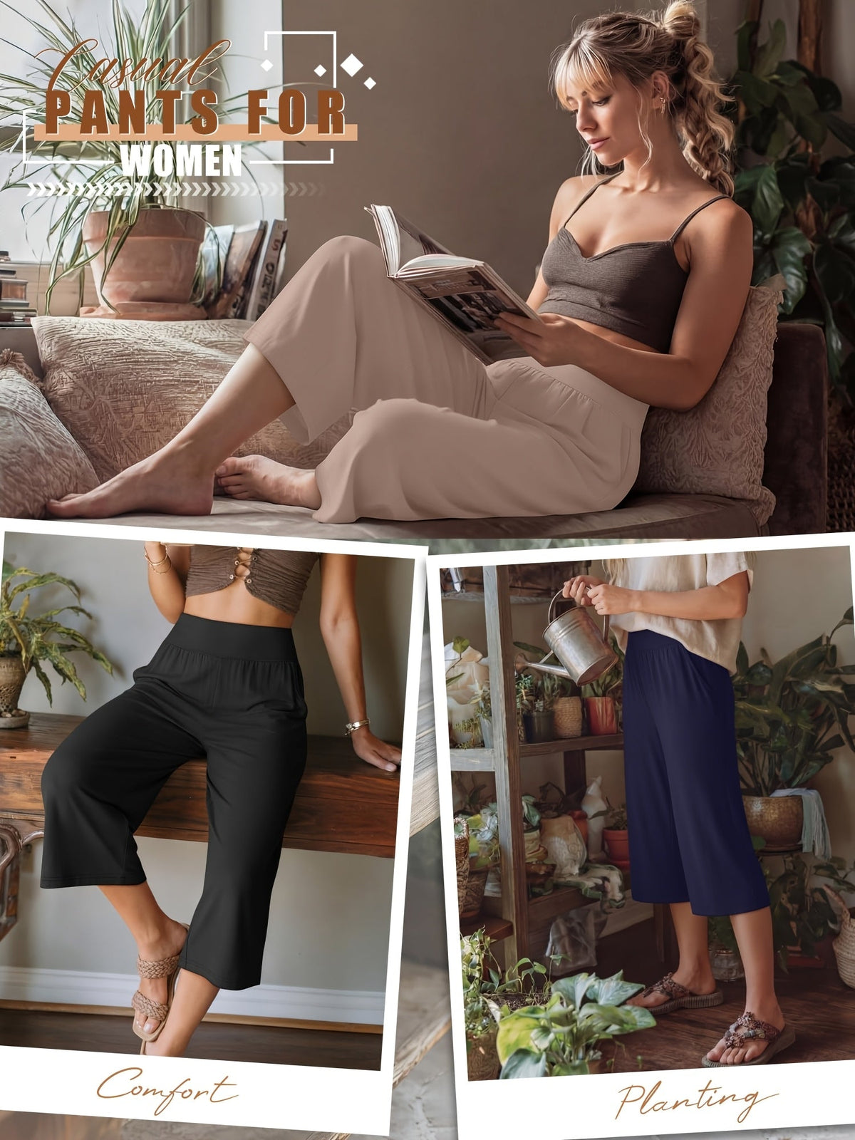 Lot de 3 pantalons Capri pour femme – Pantalons de jogging amples style détente, coupés avec poches et taille élastique, pantalon Capri de yoga pour le printemps, l'été, l'automne et les tenues décontractées du week-end