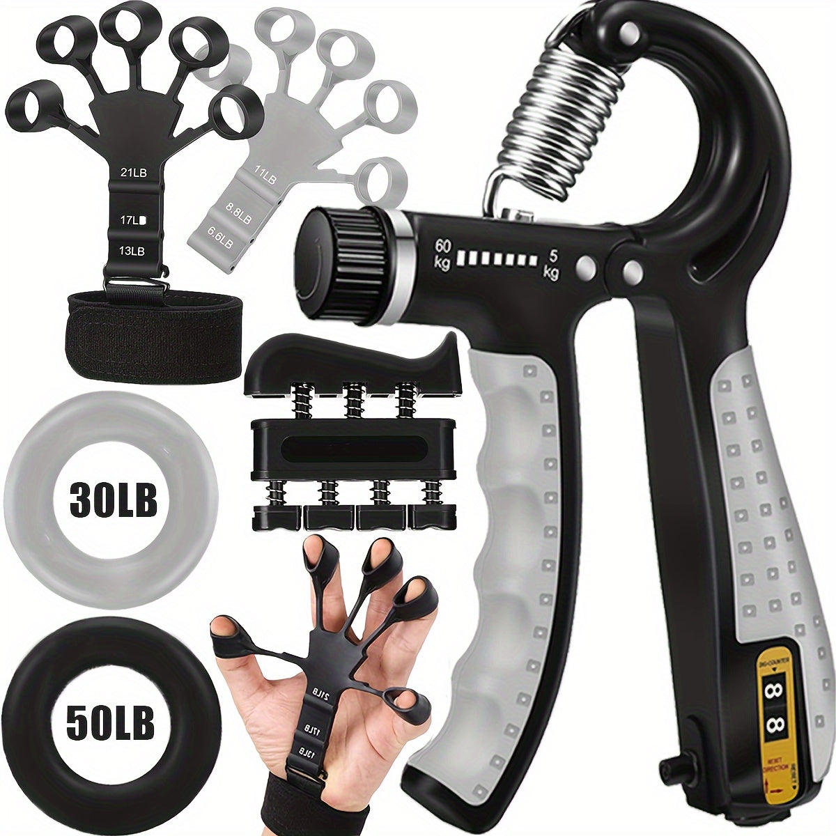 Kit d'entraînement de la force de préhension 4 pièces – Pince de musculation, exerciseur de doigts, anneau de renforcement manuel et extenseur de doigts avec dragonne pour hommes, femmes et athlètes
