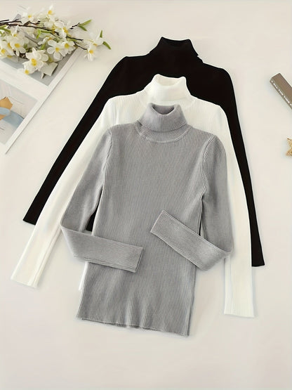 Women's 3-Piece High Collar Pullover Set – Soft High-Stretch 60% Elastane Solid Color Turtleneck Tops Bundle in Mixed Colors for Everyday Wear