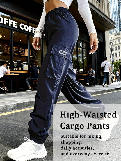 Pantalon cargo pour femme avec poches zippées – Taille élastique à cordon de serrage, grandes poches, pantalon décontracté pour l'extérieur, noir, gris, vert, bleu, XS-XXL