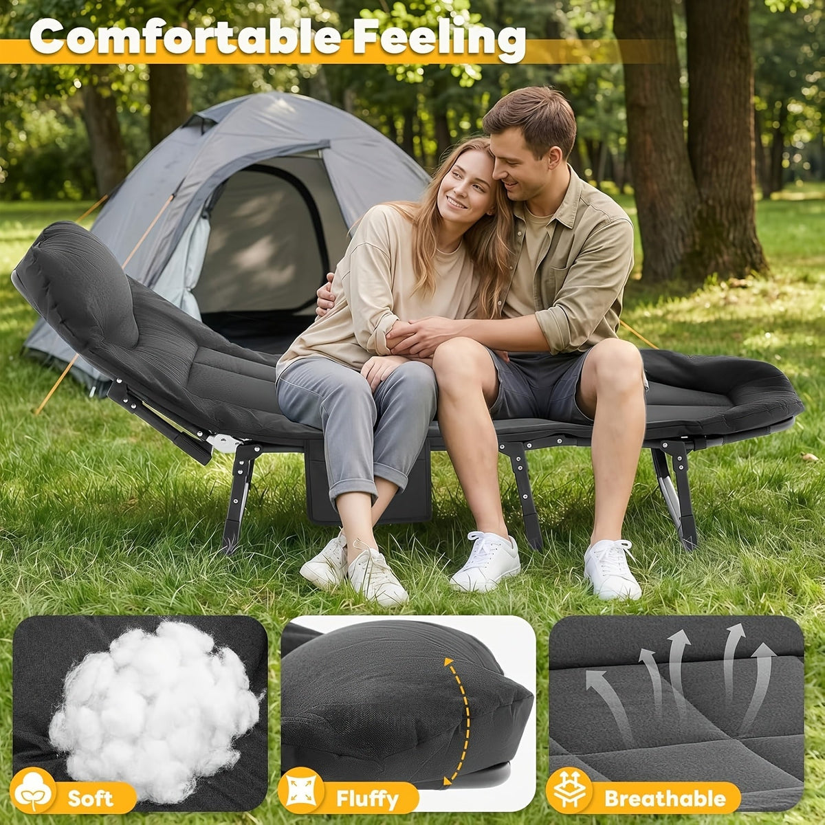 Lit de camp XL avec appui-tête intégré et matelas amovible – Lit pliant portable de 180 cm, cadre robuste pour adultes – pour le camping, lit d'appoint, voyage et pique-nique