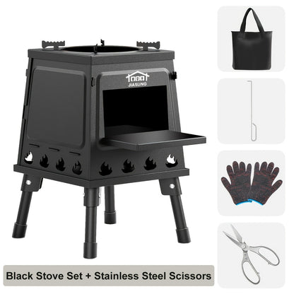 Réchaud de camping portable à bois avec ciseaux barbecue - Poêle de randonnée léger et kit de grill de pique-nique pour le voyage et le camping
