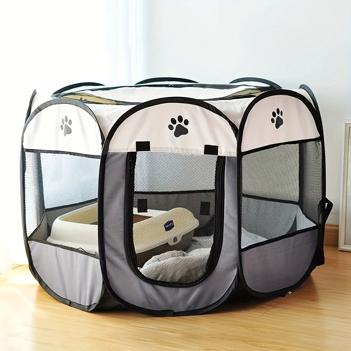 Enclos pliable octogonal pour animaux, niche toutes saisons et lit pour chat – Cage pour chiens et chats en tissu Oxford résistant aux rayures, parc portable pliable pour intérieur, extérieur, camping et voyage