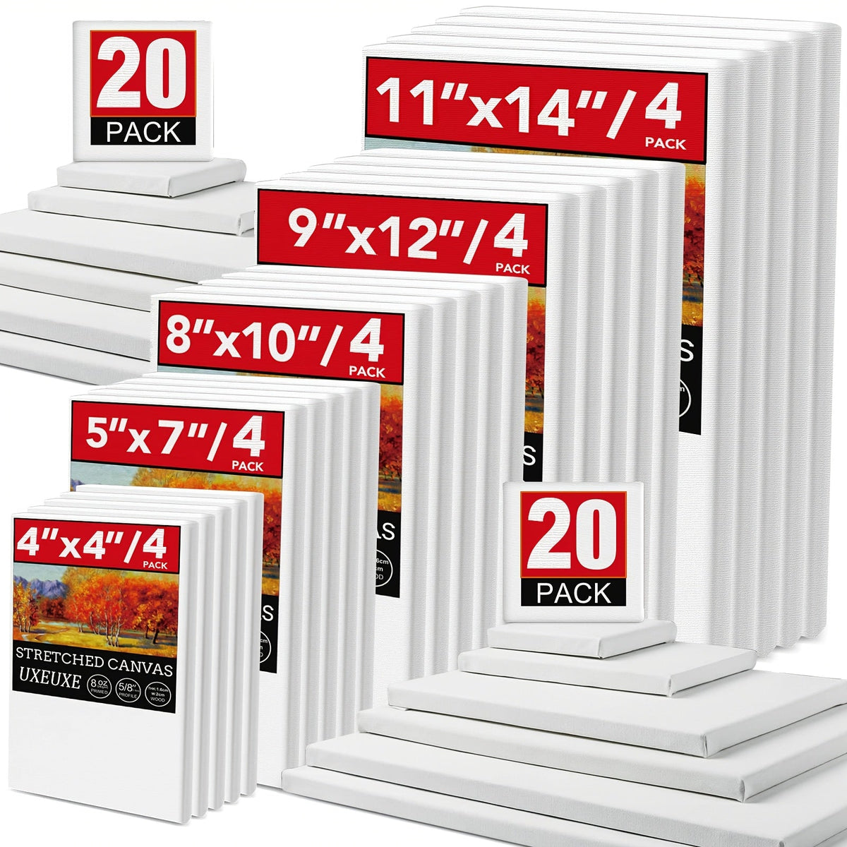 Lot de toiles tendues apprêtées en blanc, 100 % coton – Ensembles ronds, rectangulaires et carrés de 10, 15 et 20 pièces – Châssis entoilés d'artiste pour peinture acrylique, à l'huile, pouring et techniques mixtes