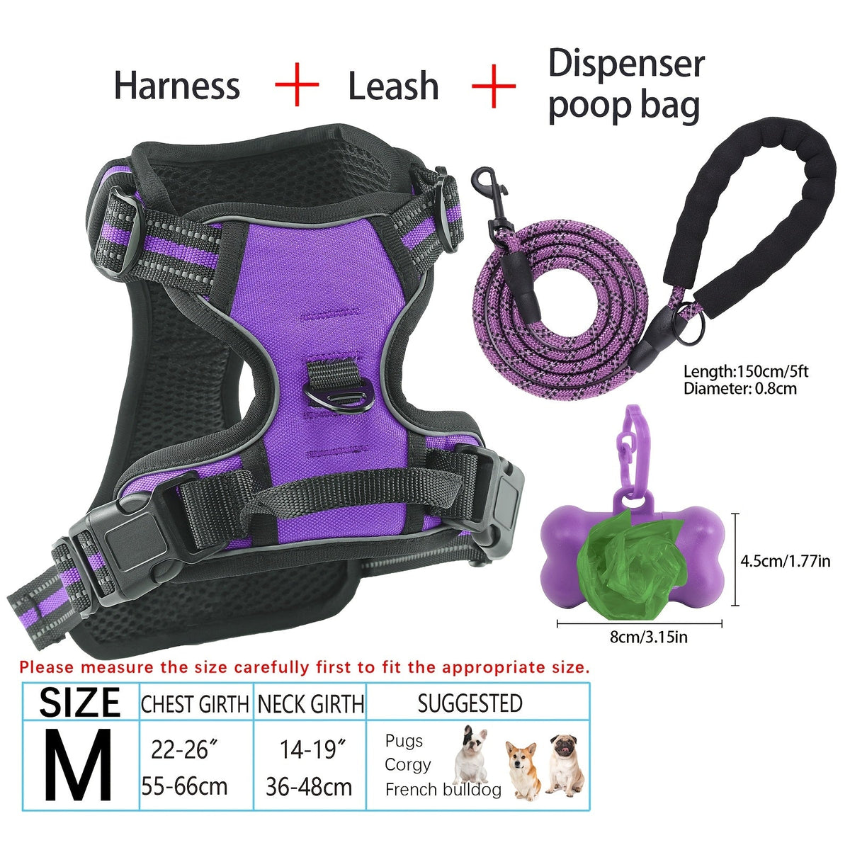 Ensemble harnais et laisse pour chien 4 pièces, gilet réfléchissant en Oxford anti-traction et anti-étranglement avec laisse, distributeur de sacs à déjections et poignée de contrôle facile, pour chiens moyens et grands, dressage et promenade en extérieur