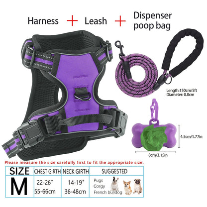 Ensemble harnais et laisse pour chien 4 pièces, gilet réfléchissant en Oxford anti-traction et anti-étranglement avec laisse, distributeur de sacs à déjections et poignée de contrôle facile, pour chiens moyens et grands, dressage et promenade en extérieur