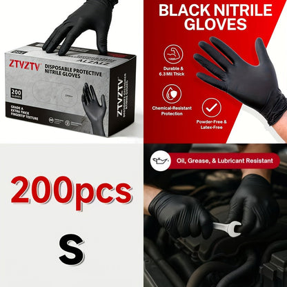 Gants jetables en nitrile noir, boîte de 200, sans latex, résistants aux produits chimiques, haute densité, coupe flexible, usage industriel pour le nettoyage, le tatouage, la peinture, le lavage de voiture – S M L XL