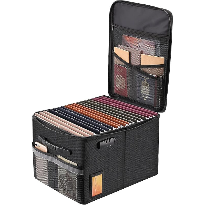 Boîte à documents ignifugée avec serrure et couvercle à fermeture éclair – Coffre-fort portable pliable, boîte de rangement résistante au feu pour dossiers suspendus format lettre et légal, coffre pour maison et bureau – Aobteeny