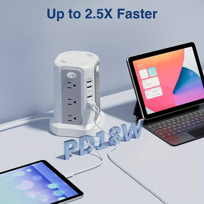 Tour multiprise, 16 prises CA, 5 ports USB, USB-C PD 20W, parafoudre 1500J, prise plate, rallonge de bureau