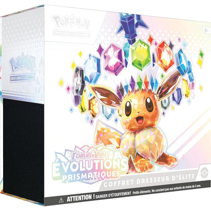 Coffret Dresseur d'Élite JCC Pokémon Écarlate et Violet Évolutions Prismatiques 100 % authentique, 9 boosters, carte promo brillante Évoli, 65 protège-cartes, cartes Énergie, dés, boîte de collection