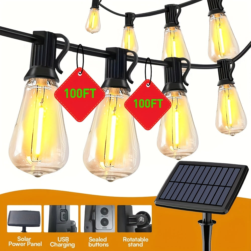 Guirlande lumineuse LED solaire étanche pour extérieur 15 m & 30 m – Ampoules ST38 incassables et intensité réglable, chargement USB-C & solaire, 4 modes, pour terrasse, jardin, piscine, mariage, camping et décoration de Noël