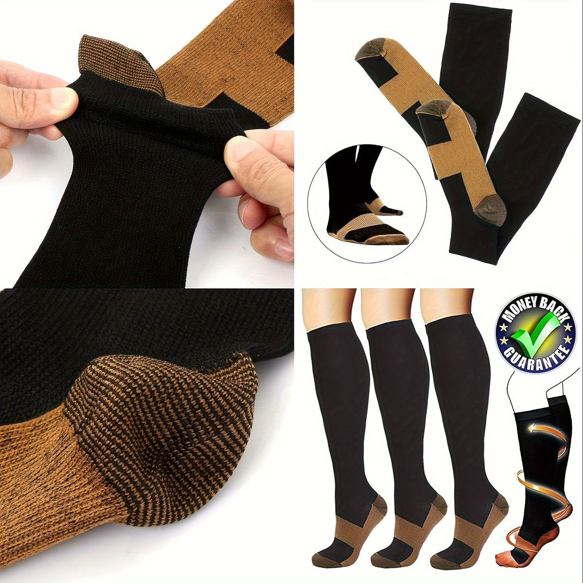 Lot de 5 paires de chaussettes de compression en cuivre pour femmes et hommes – Chaussettes de sport noires pour la course, la randonnée, le cyclisme et les voyages, tailles M-XL, bas de compression pour la circulation et le soulagement de la douleur