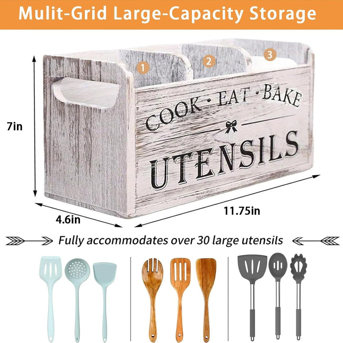 Organisateur d'ustensiles de cuisine rustique en bois avec poignée et 3 compartiments – Rangement pour comptoir ou mural pour outils de cuisine, de pâtisserie et de salle à manger – Rangement de cuisine style ferme en blanc et noir