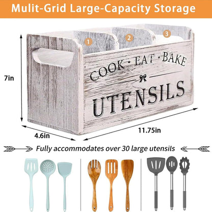 Organisateur d'ustensiles de cuisine rustique en bois avec poignée et 3 compartiments – Rangement pour comptoir ou mural pour outils de cuisine, de pâtisserie et de salle à manger – Rangement de cuisine style ferme en blanc et noir