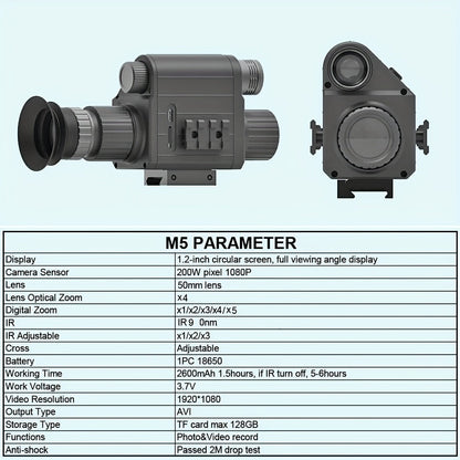 Monoculaire de vision nocturne numérique, zoom 5x, portée 300 m – Infrarouge 940 nm, objectif 50 mm, photo et vidéo HD 1080P, lunette en alliage d'aluminium avec 2 batteries rechargeables pour la chasse, la pêche, le camping et l'observation de la faune